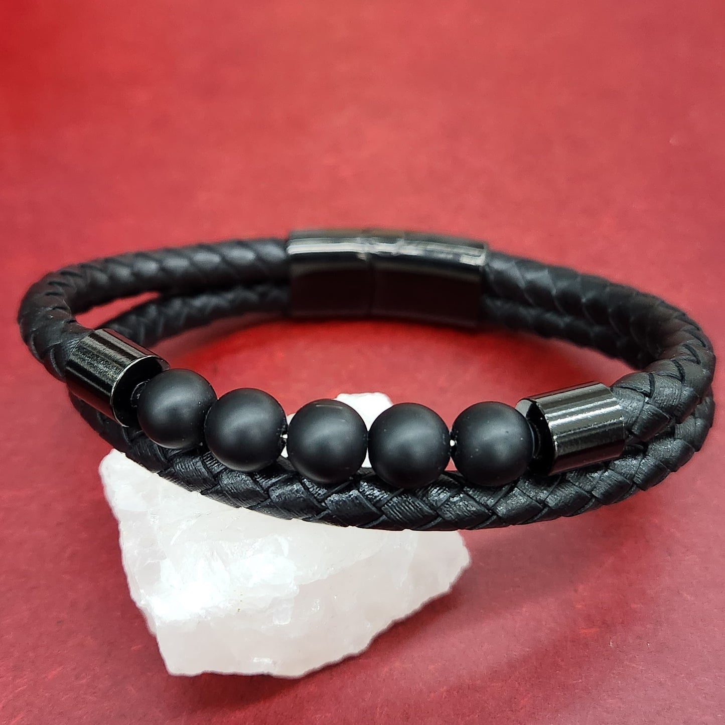Stainless Steel Beaded Leather Magnetic Bracelet