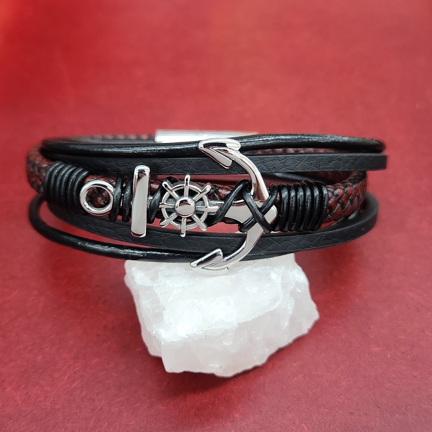 Stainless Steel Leather Anchor & Wheel Magnetic Bracelet