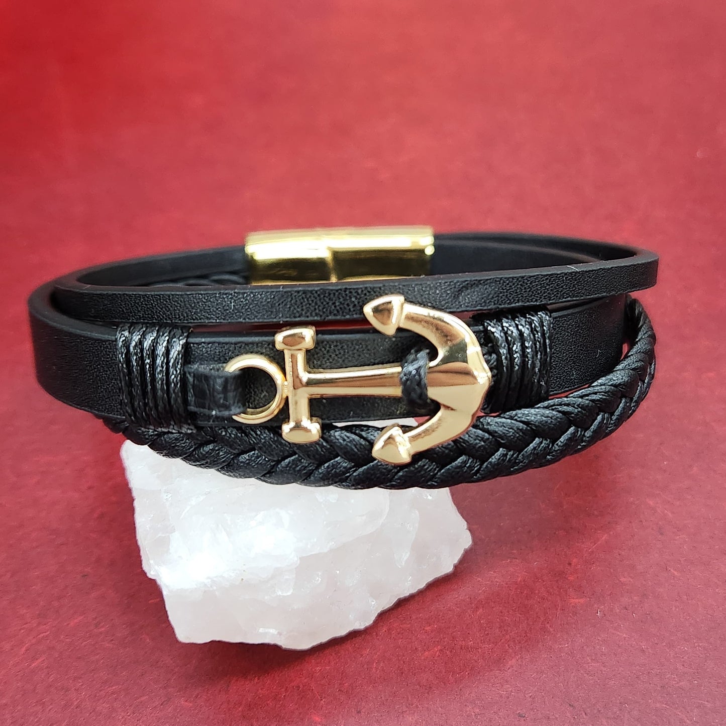 Gold-Plated Stainless Steel Leather Anchor Magnetic Bracelet
