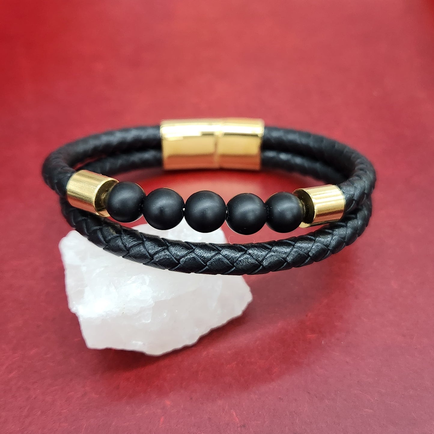Stainless Steel Beaded Leather Magnetic Bracelet
