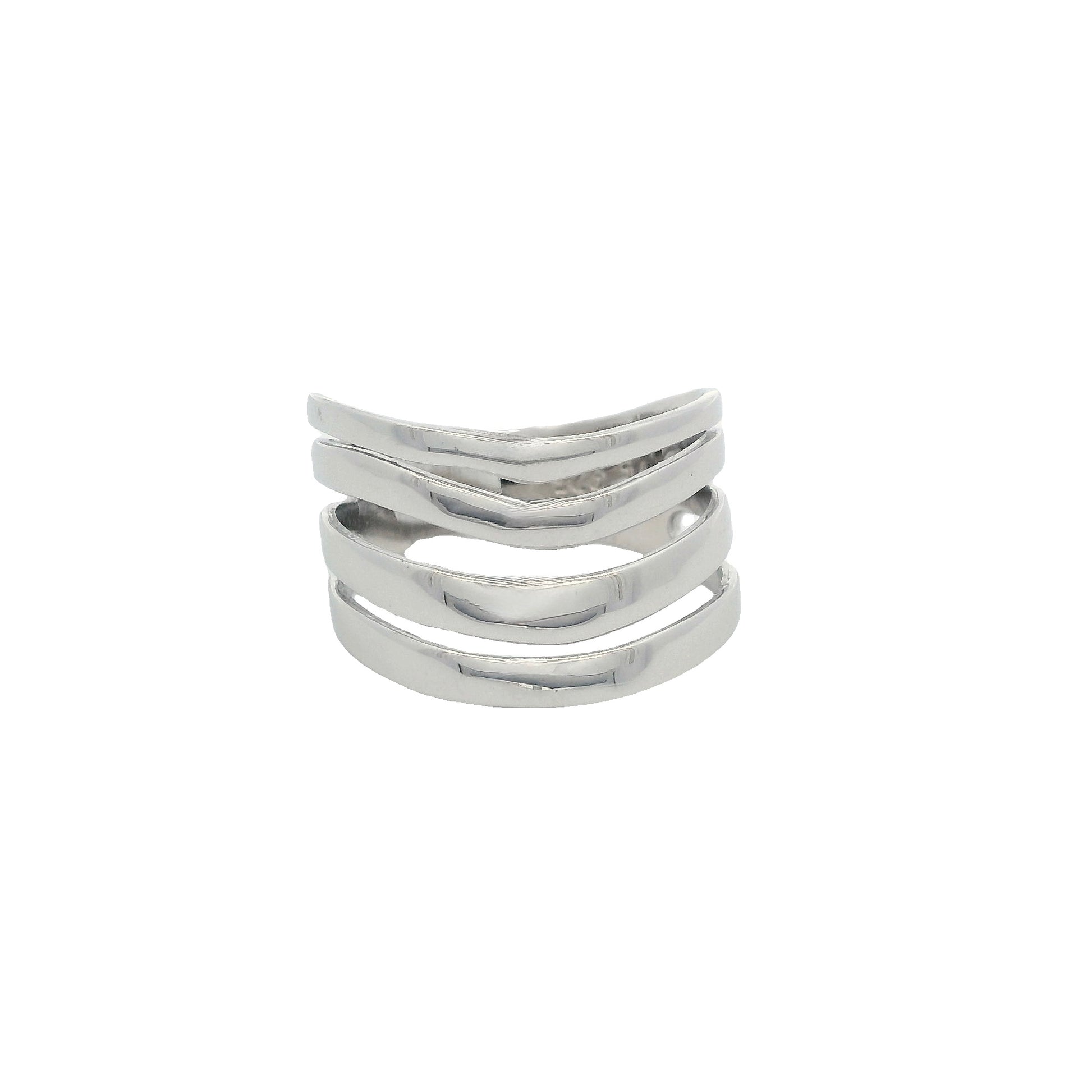 Front view of silver ring that has 4 thin bands that are wavy and dipping in the center.