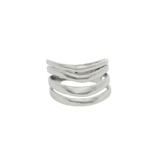Front view of silver ring that has 4 thin bands that are wavy and dipping in the center.