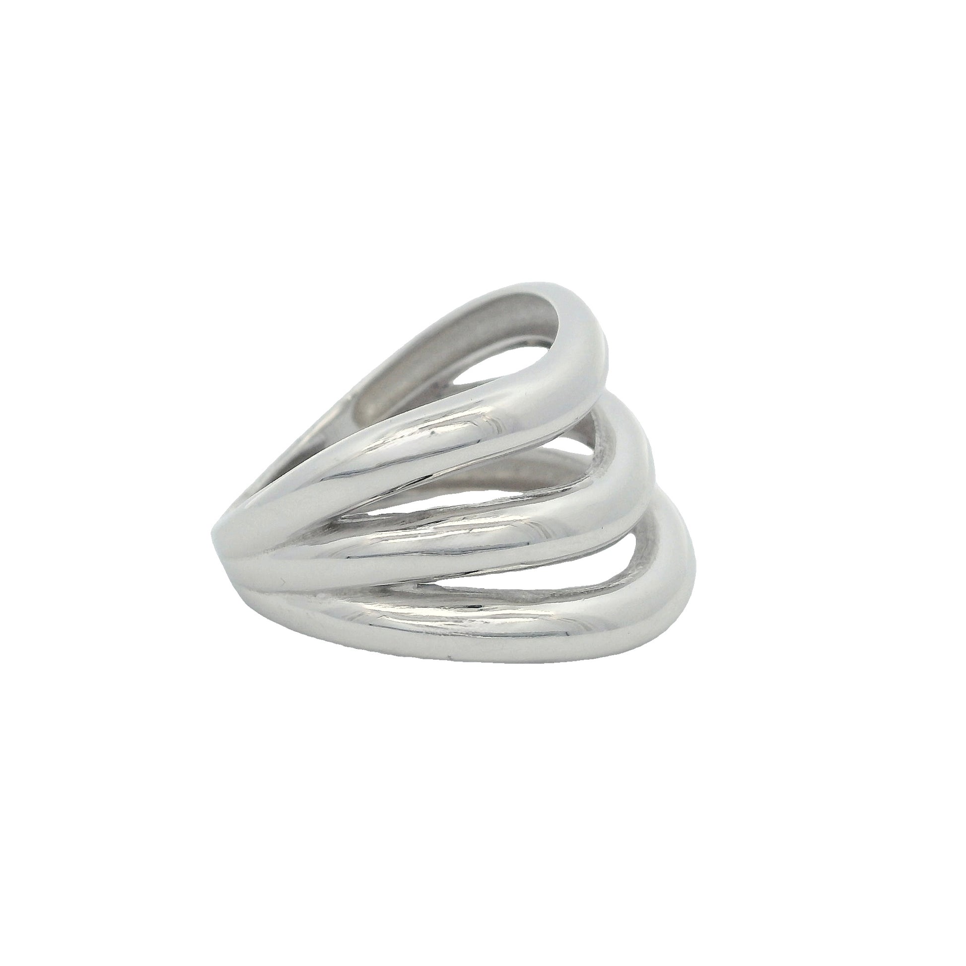 Side view of silver ring that has 3 chunky bands that are wavy and dipping in the center.