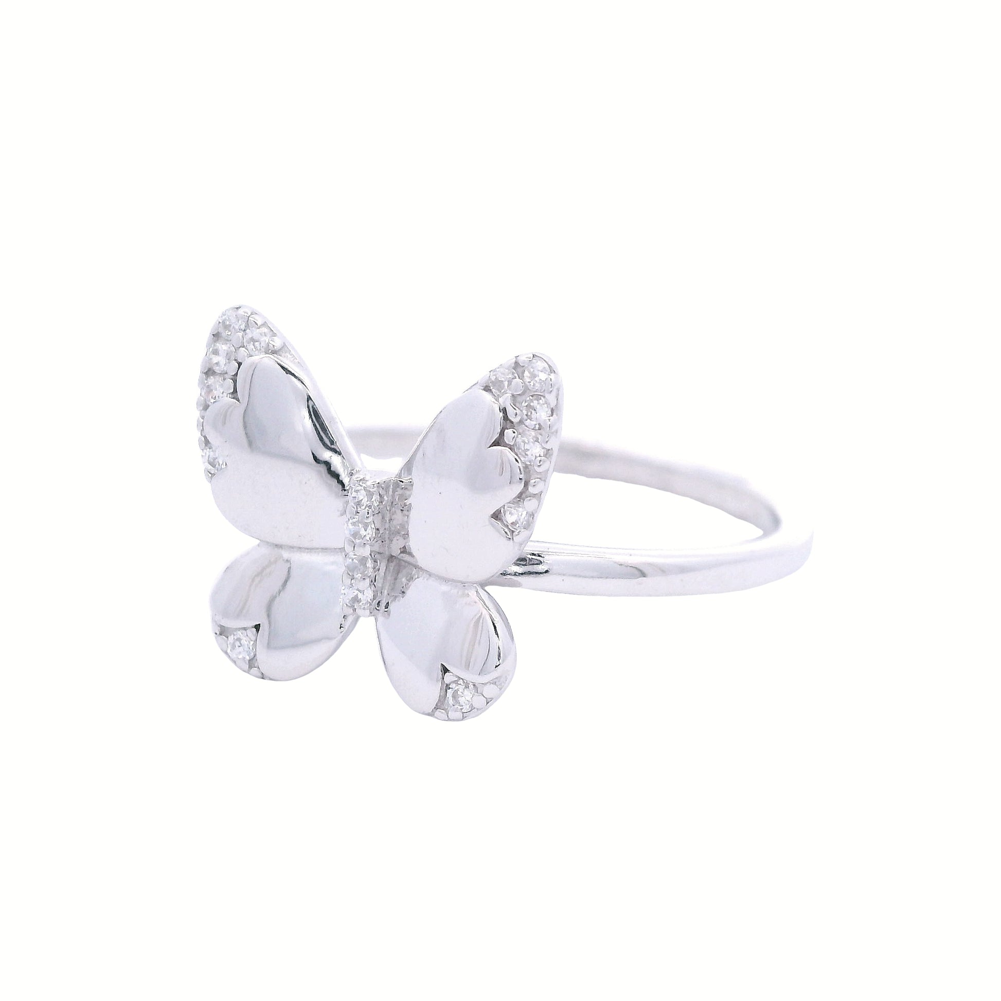 Angled front view of silver ring with a solid thin band and a butterfly in the center. The butterfly has clear round zirconia accents in the edges of each butterfly wing and in the center.