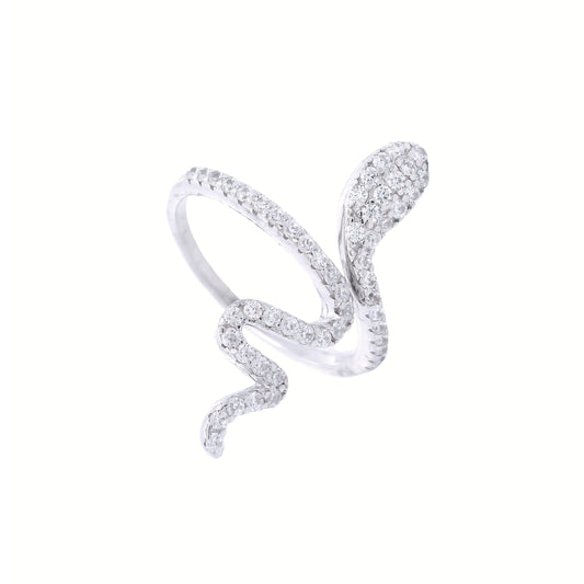 Front view of sterling silver snake open ring. The ring is fully outlined in zirconia. The open ring is divided with the head on one side of the band and the tail on the other.