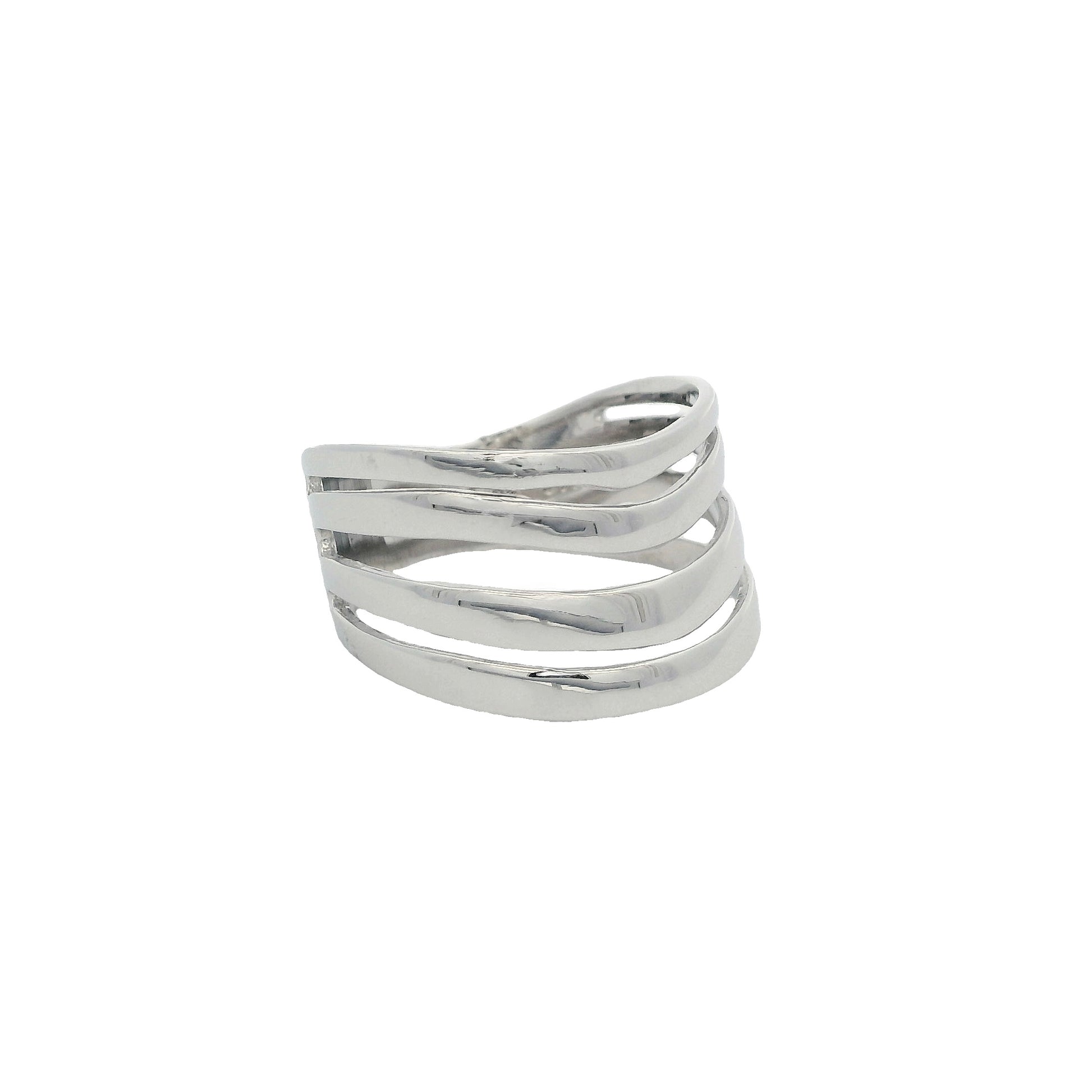 Side view of silver ring that has 4 thin bands that are wavy and dipping in the center.