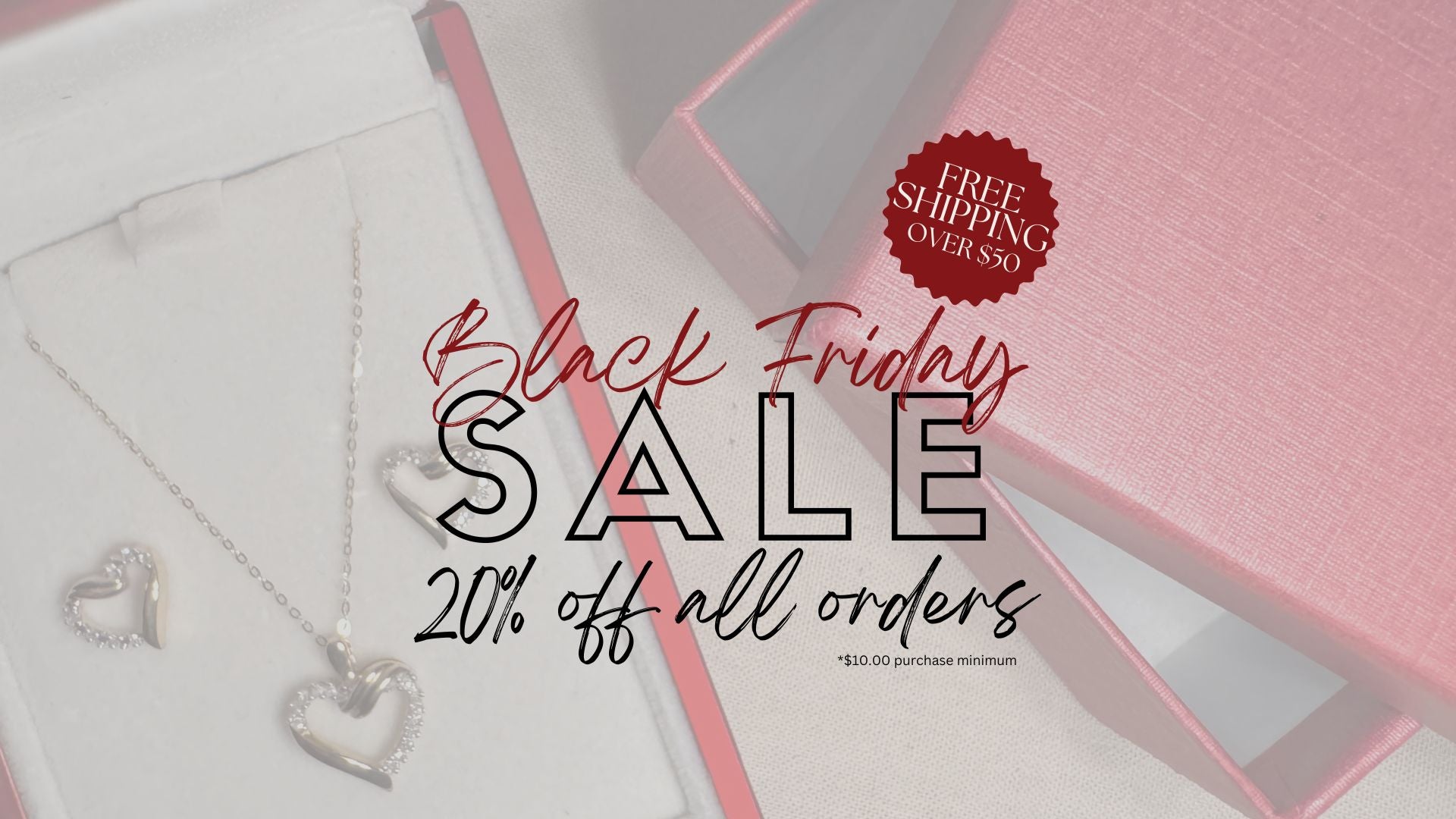 Black Friday sale advertisement showing twenty percent off all orders and free shipping on orders over $50.