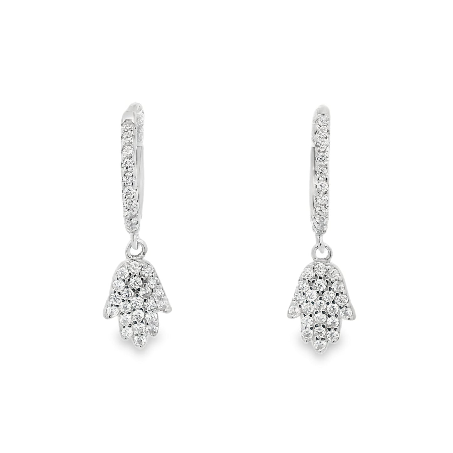 Front view of silver hoops with round clear zirconia and a hamsa hand that dangles below each huggie that also has round zirconia inside it.