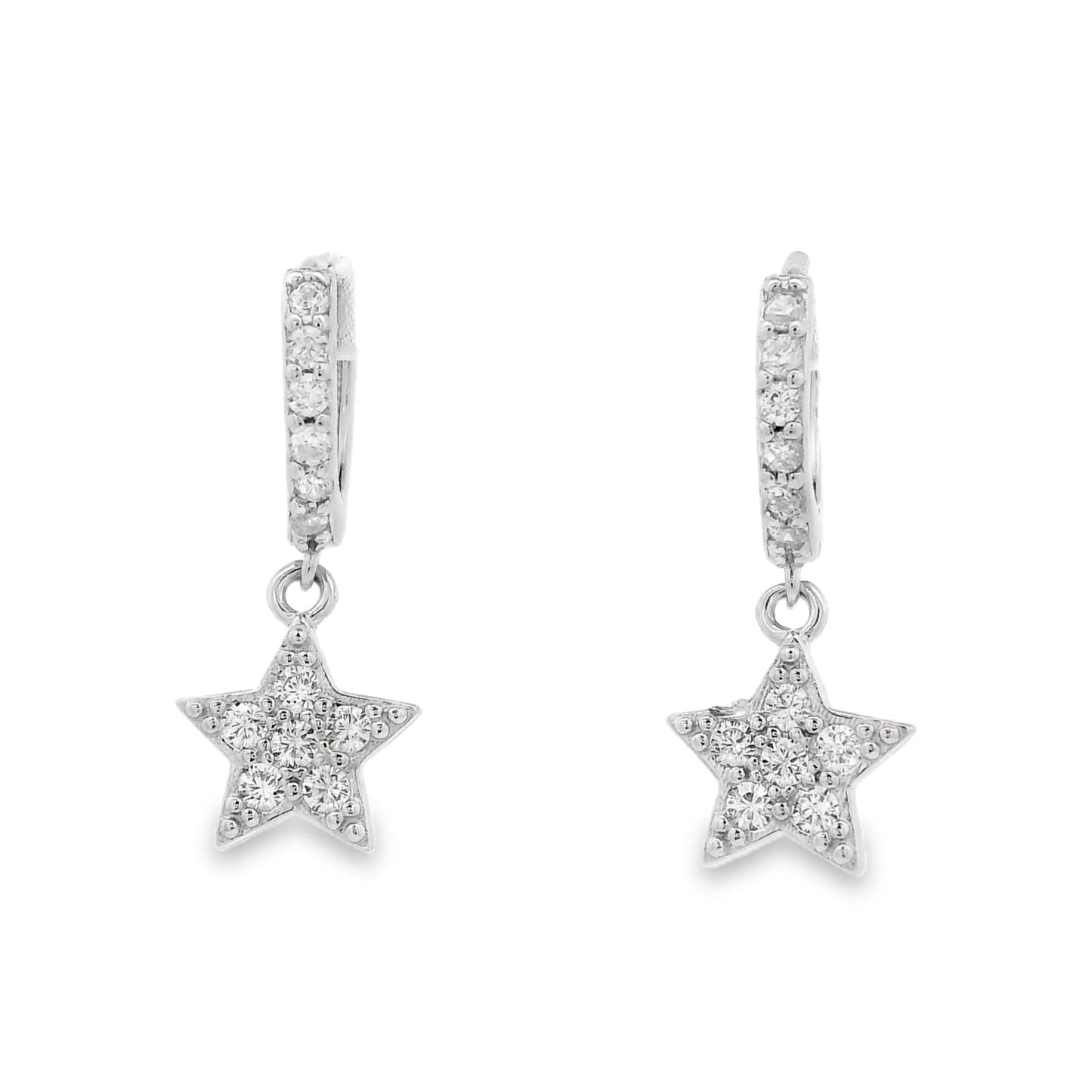 Front view of silver huggie hoops with a star that dangles below each hoops. The hoop and star are both filled with clear round zirconia.