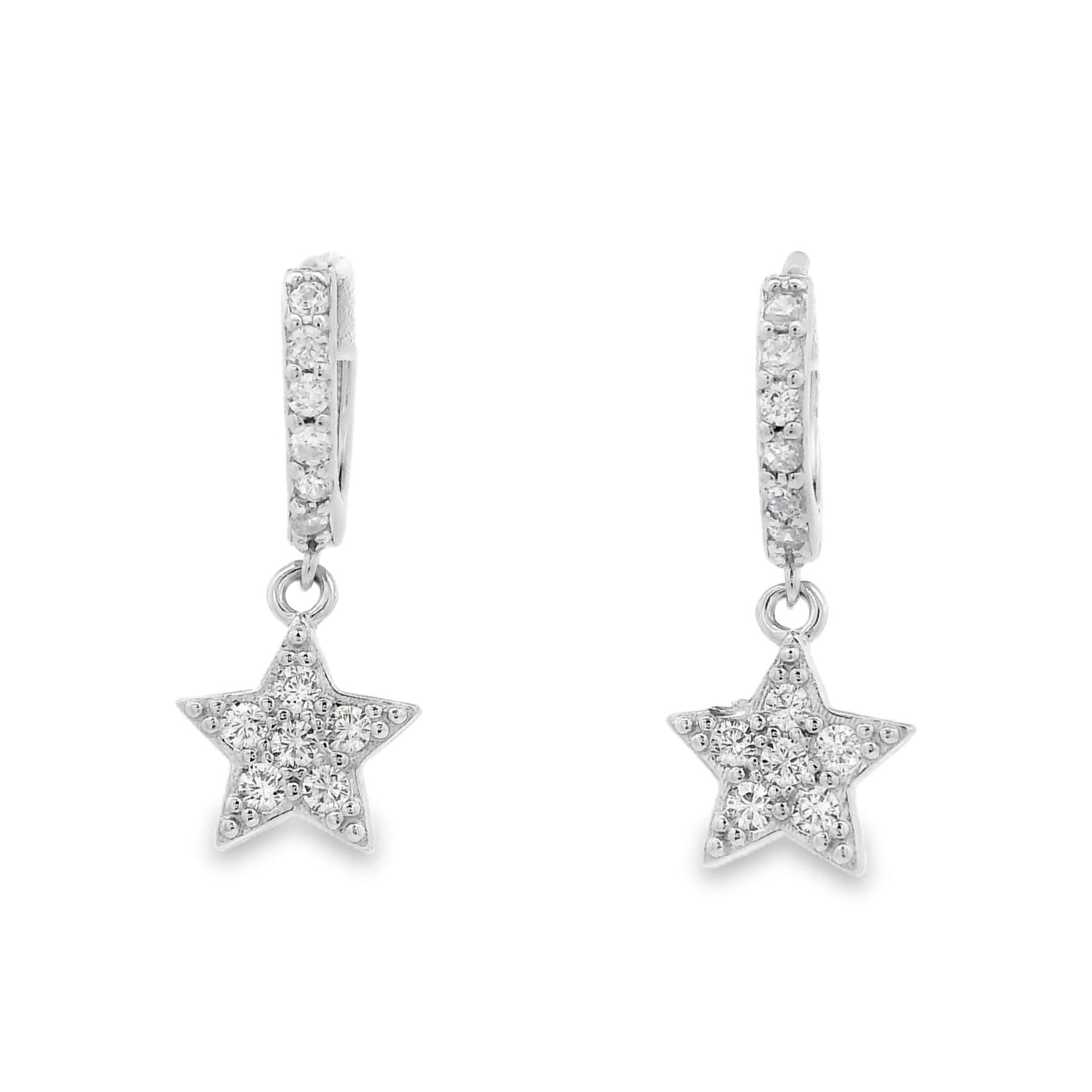 Front view of silver huggie hoops with a star that dangles below each hoops. The hoop and star are both filled with clear round zirconia.