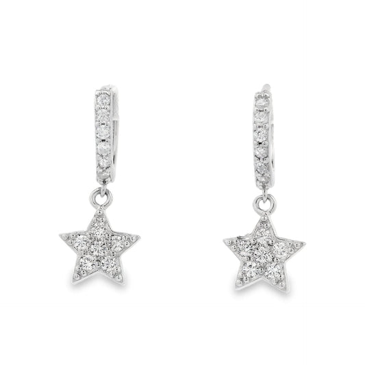 Front view of silver huggie hoops with a star that dangles below each hoops. The hoop and star are both filled with clear round zirconia.