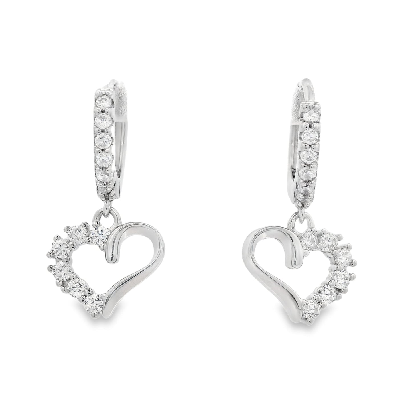 A pair of silver heart dangle hoop earrings with pave zirconia accents.