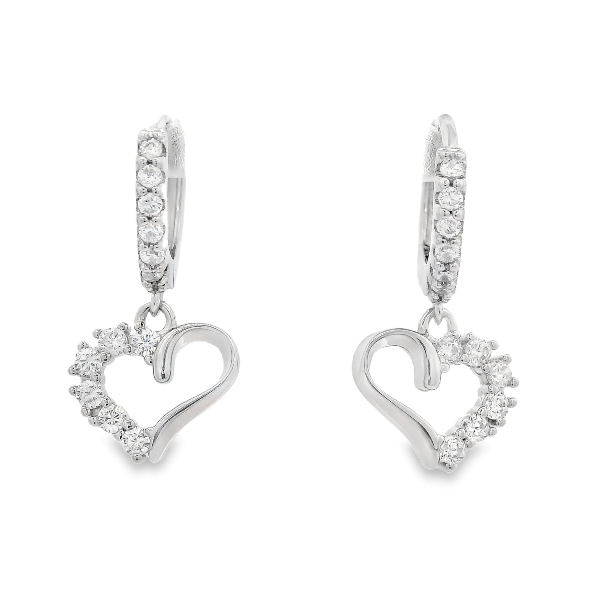 A pair of silver heart dangle hoop earrings with pave zirconia accents.