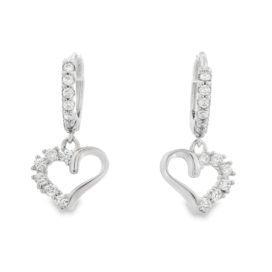 A pair of silver heart dangle hoop earrings with pave zirconia accents.