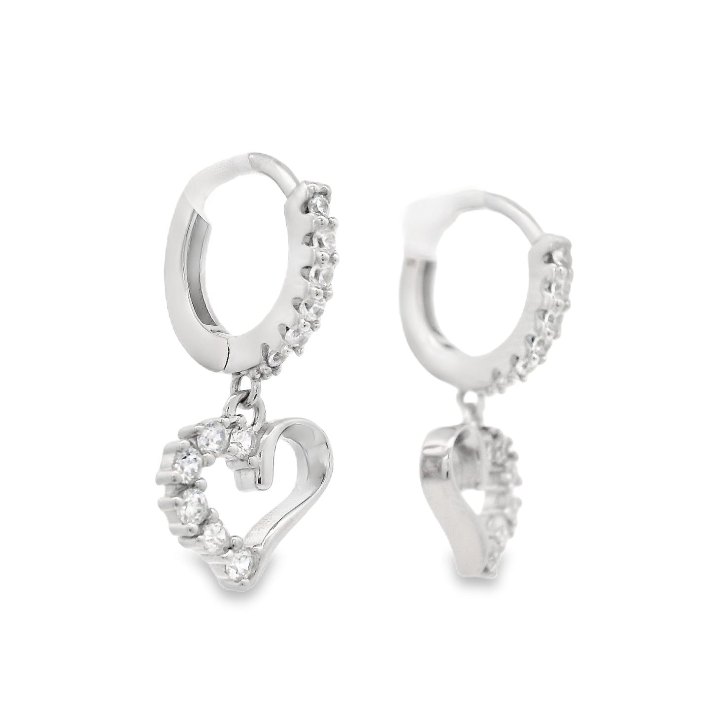 Angled view of a pair of silver heart dangle hoop earrings with pave zirconia accents.
