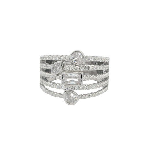 Front view silver ring with 5 bands that all connect. The ring has 3 bands that with round white zirconia in a pavé setting. The other 2 bands have rope texture. 4 of the bands have different zirconia stones towards the center: 1 rectangle, 2 teardrop, and 1 pear-shaped.