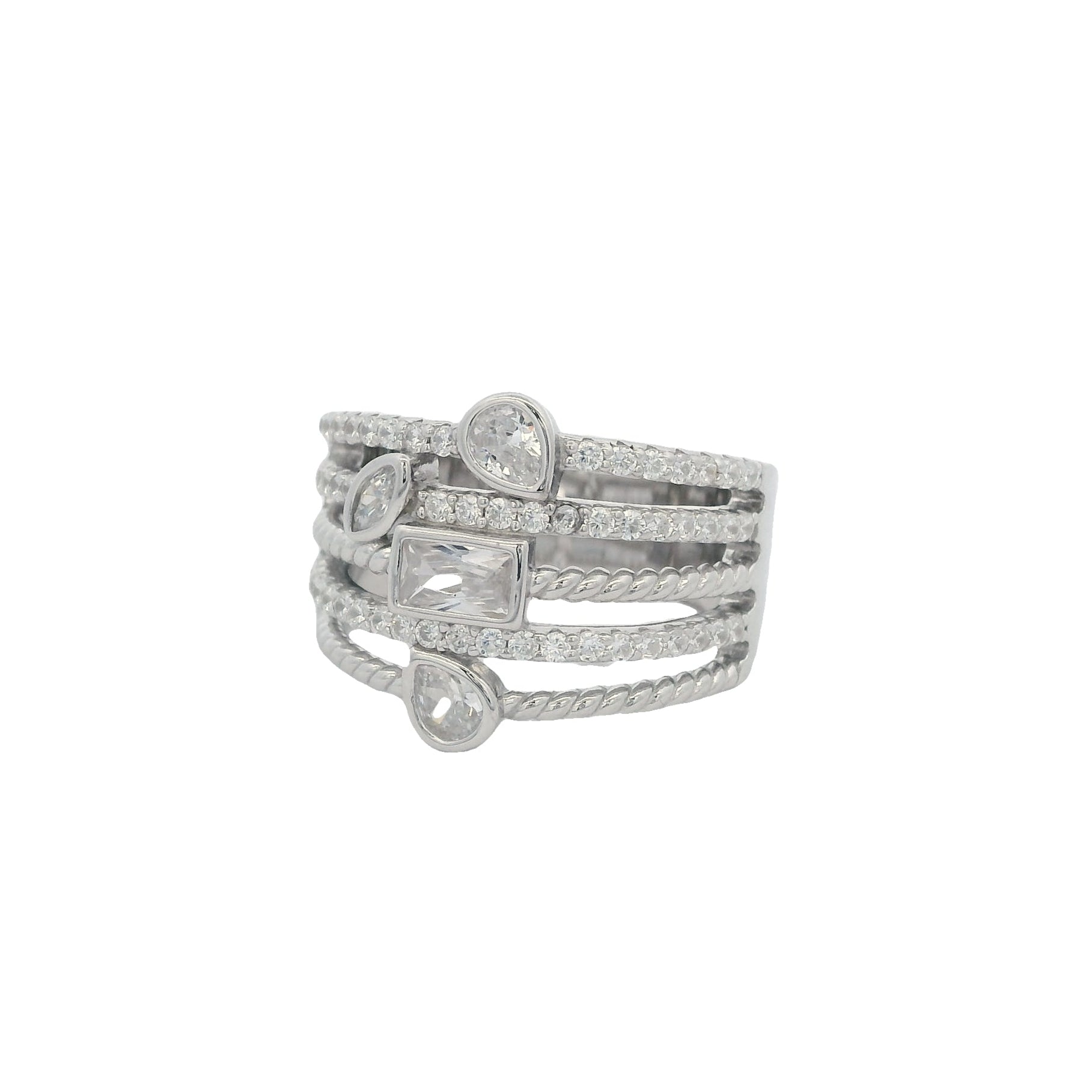 Angle view silver ring with 5 bands that all connect. The ring has 3 bands that with round white zirconia in a pavé setting. The other 2 bands have rope texture. 4 of the bands have different zirconia stones towards the center: 1 rectangle, 2 teardrop, and 1 pear-shaped.