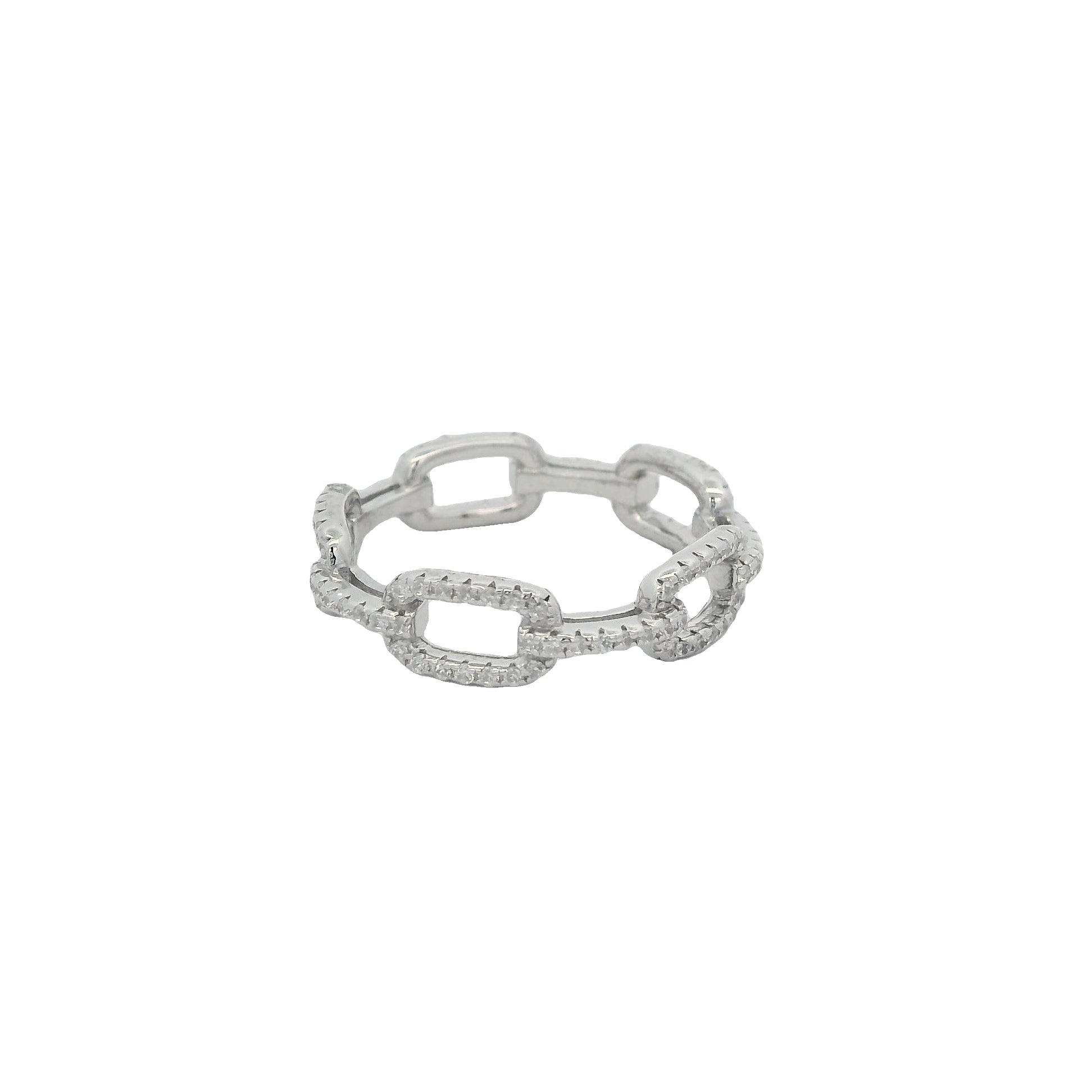Silver chain link eternity band with round clear zirconia in a pavé setting.