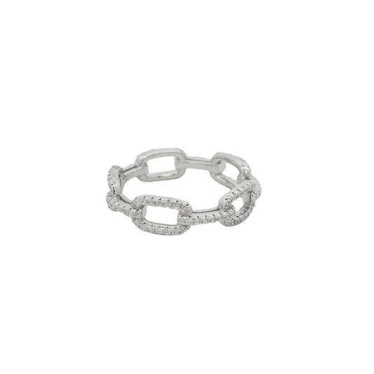 Silver chain link eternity band with round clear zirconia in a pavé setting.