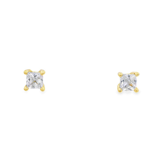 Front view of 3mm sterling silver gold-plated square zirconia stud