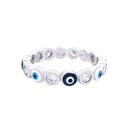 Sterling silver band with white and dark blue evil eyes. Between each evil eye there is a round white zirconia.