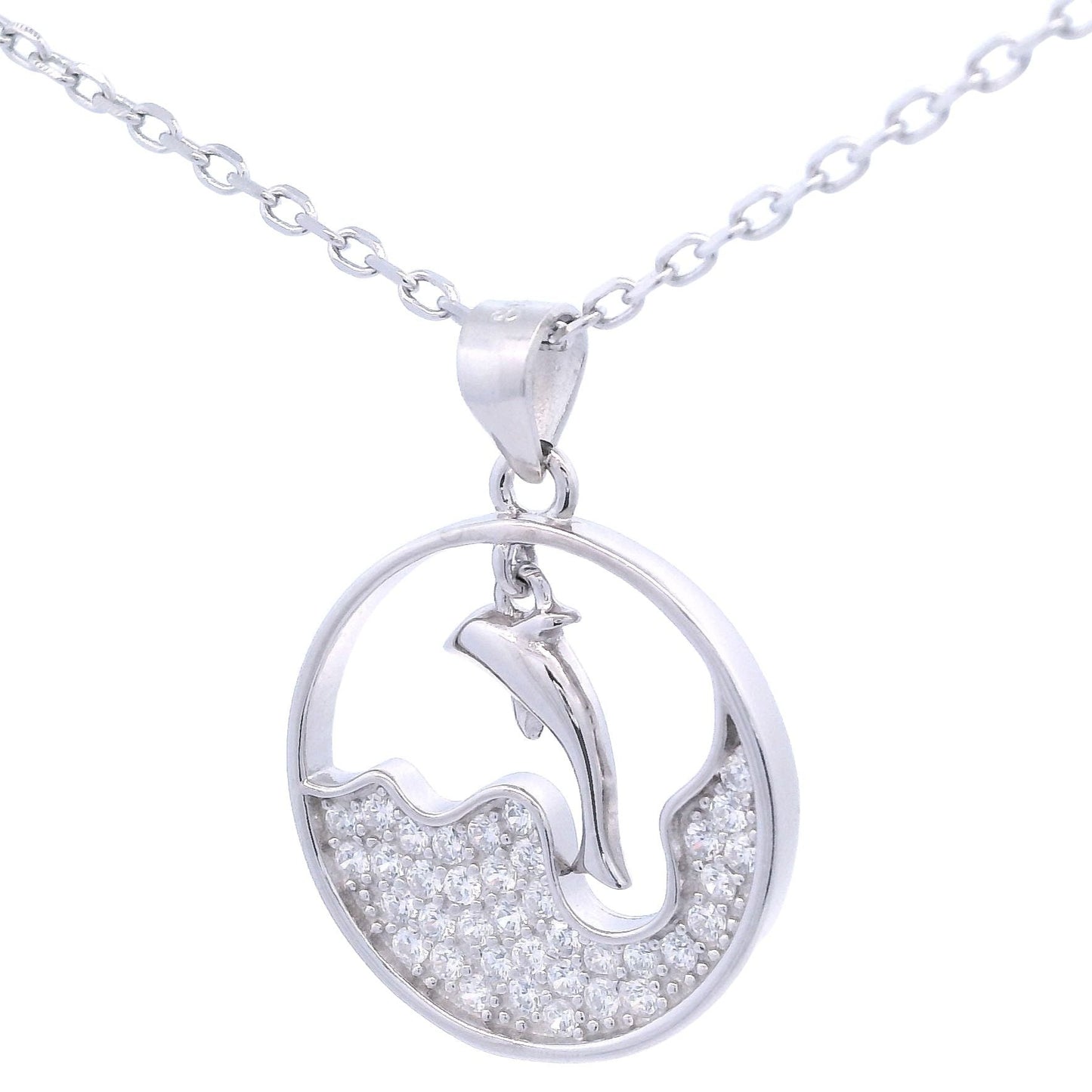 Silver necklace with round pendant that had a wave design with zirconia and a dangling dolphin in the center. Side view.