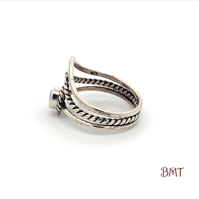 Sterling Silver Round Cut Garnet V-Shaped Ring with a Boho design Side Image